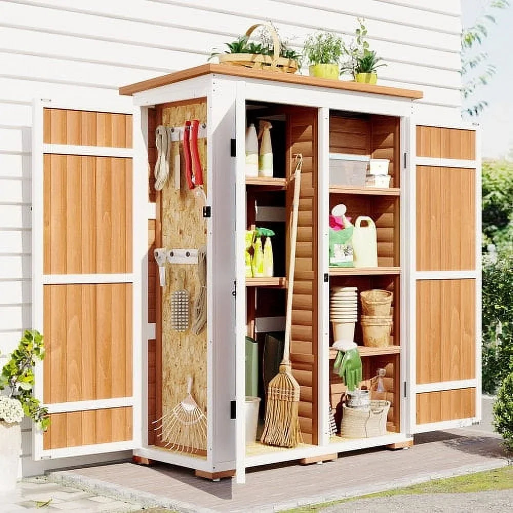 Wood Asphalt Shed, Shelves, Tool Lockable Cabinet Storage Roof, Four Hx4.1ft Doors, Multiple-tier exterior Waterproof with L Garden Natural 5.5ft