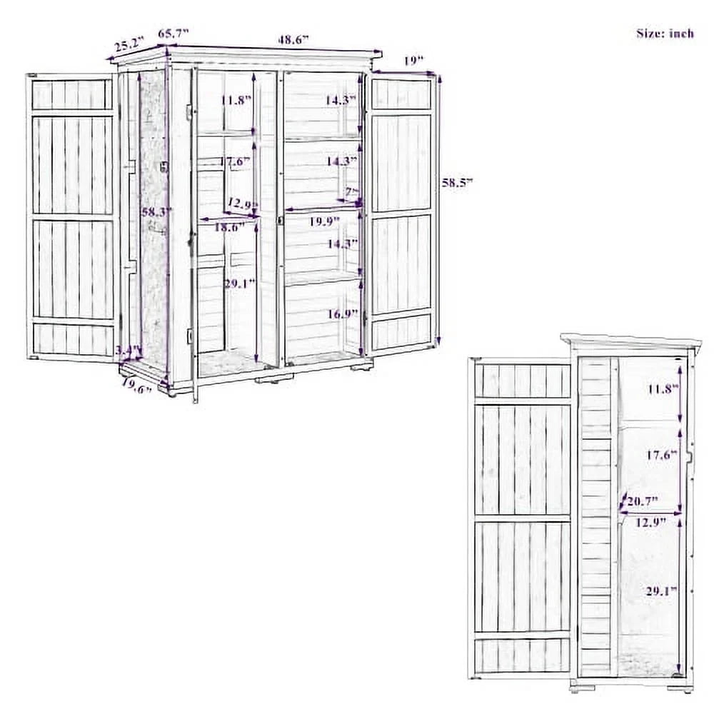 Wood Asphalt Shed, Shelves, Tool Lockable Cabinet Storage Roof, Four Hx4.1ft Doors, Multiple-tier exterior Waterproof with L Garden Natural 5.5ft