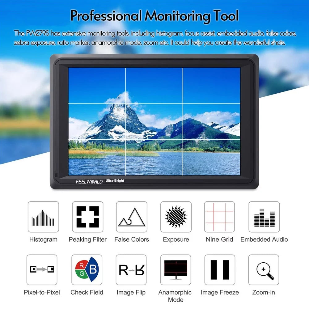 4K FEELWORLD Viewable Design Thin Outside 7 Output Direct / FW279S in Sunlight 3G-SDI 2200nit IPS for Monitor Bright Panel Viewable Daylight Inch 1920*1200 Input Ultra Field Even