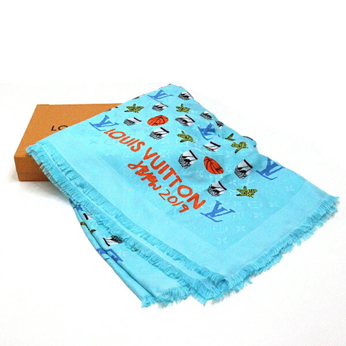 JONAS Pre-Owned blue Wood M76053 silk 40% stole Jonas (Like 60% New) shawl wool WOOD basketball/flower/pot monogram