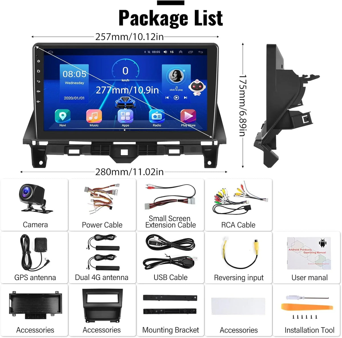 2008-2013 Android THONZER Backup Android 8 Radio Car Stereo GPS Navigation WiFi Stereo 10.1 Accord 5.0 Core Honda Screen Inch Bluetooth Car for 8th 4G CarPlay Camera（4G+64G） with Touch Auto
