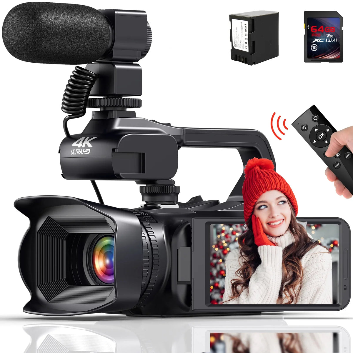 Camera Remote 4K MARVUE Control Camera Charger, 64G Video Microphone, Auto Touch Screen 4.0" 64MP 60FPS,HD Handhold Zoom Digital Card, Stabilizer, Camcorder SD 18X Vlogging with Focus