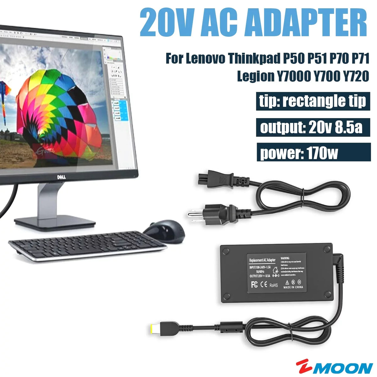 P50 3-15IHU6 for P51 Power USB Ideapad Cord[Rectangle Yellow P52 Adapter 170W Gaming Tip] P71 P70 82K1 Legion Thinkpad Y700 Y7000 AC
