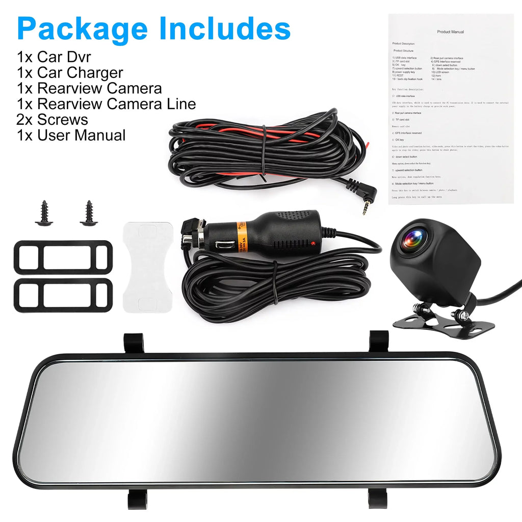 G-Sensor, IPS with Camera, Backup Camera, Vision, Dual View Night TSV Screen Mirror Touch Recorder 1080P Dash Rear Driving Car Cam