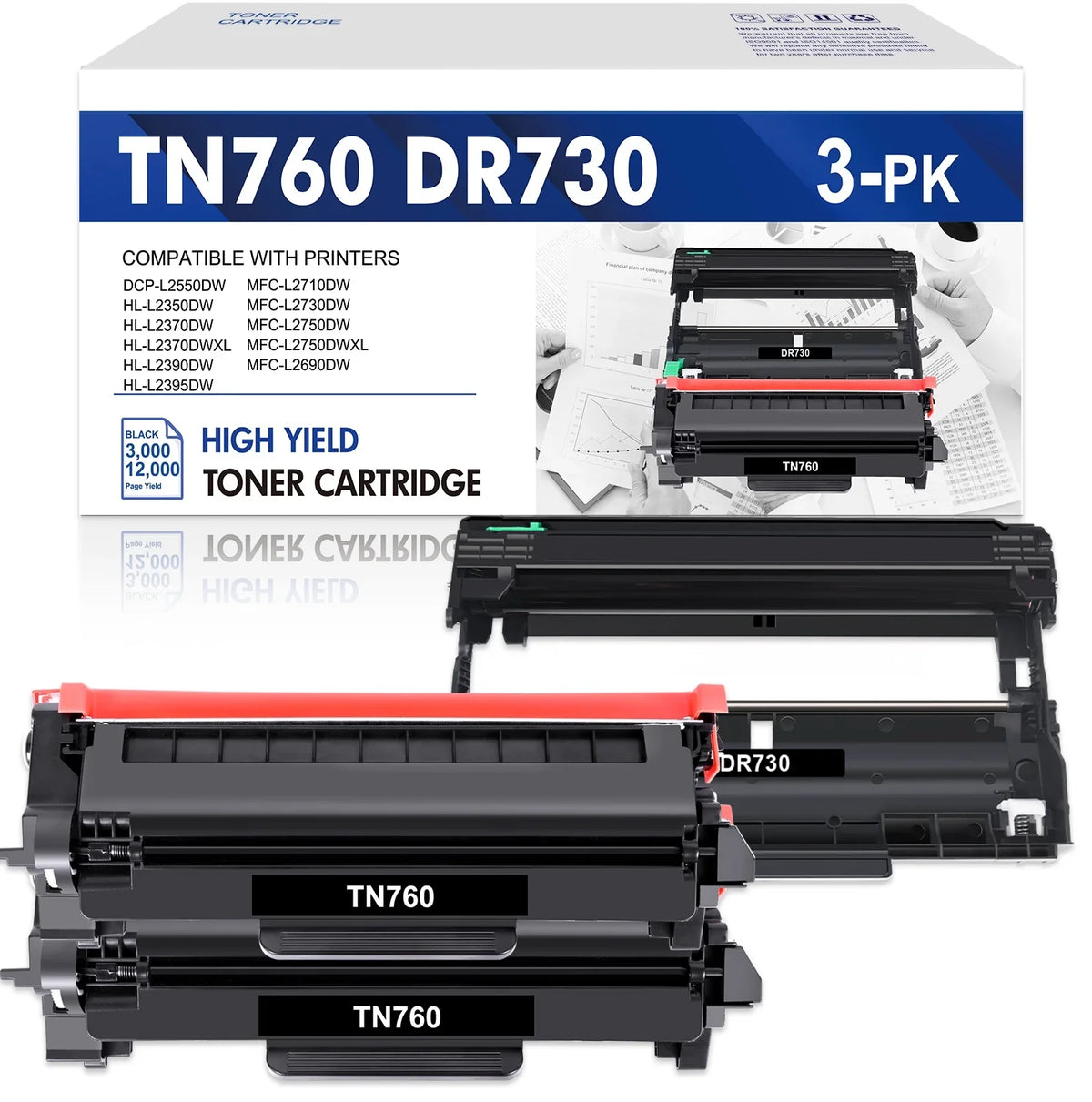 HL-L2350DW Toner, Printer ) Set and Unit (2x Toner TN-760 MFC-L2690DW for Drum Compatible DCP-L2550DW MFC-L2710DW DR-730 Drum TN730 Cartridge 1x Brother DR730 Unit TN760