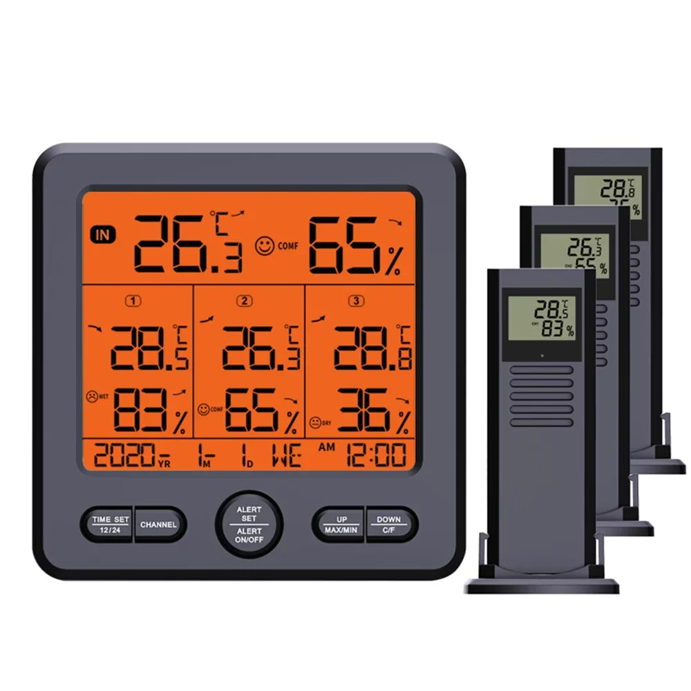 Digital Home Calibration Monitor Backlight for with Temperature Humidity with Indoor climate Transmitters Wireless exterior 98ft/ 3 Offic & Remote Alarm 30m Stations 3 Thermohygrometer Sensors Function