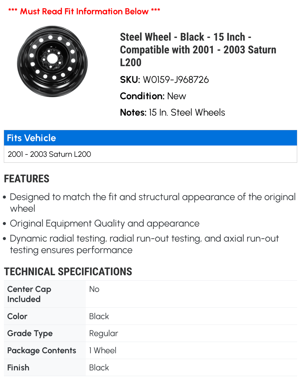 '- Saturn 2003 Compatible - Steel 15 2001 - with Inch 2002 Wheel L200 Black -
