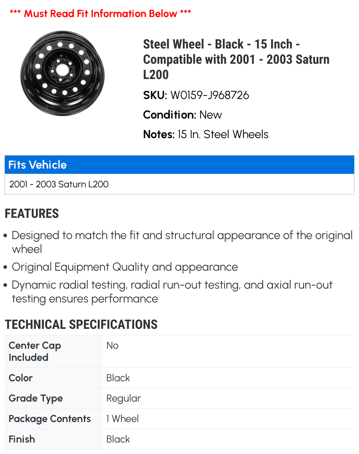 '- Saturn 2003 Compatible - Steel 15 2001 - with Inch 2002 Wheel L200 Black -