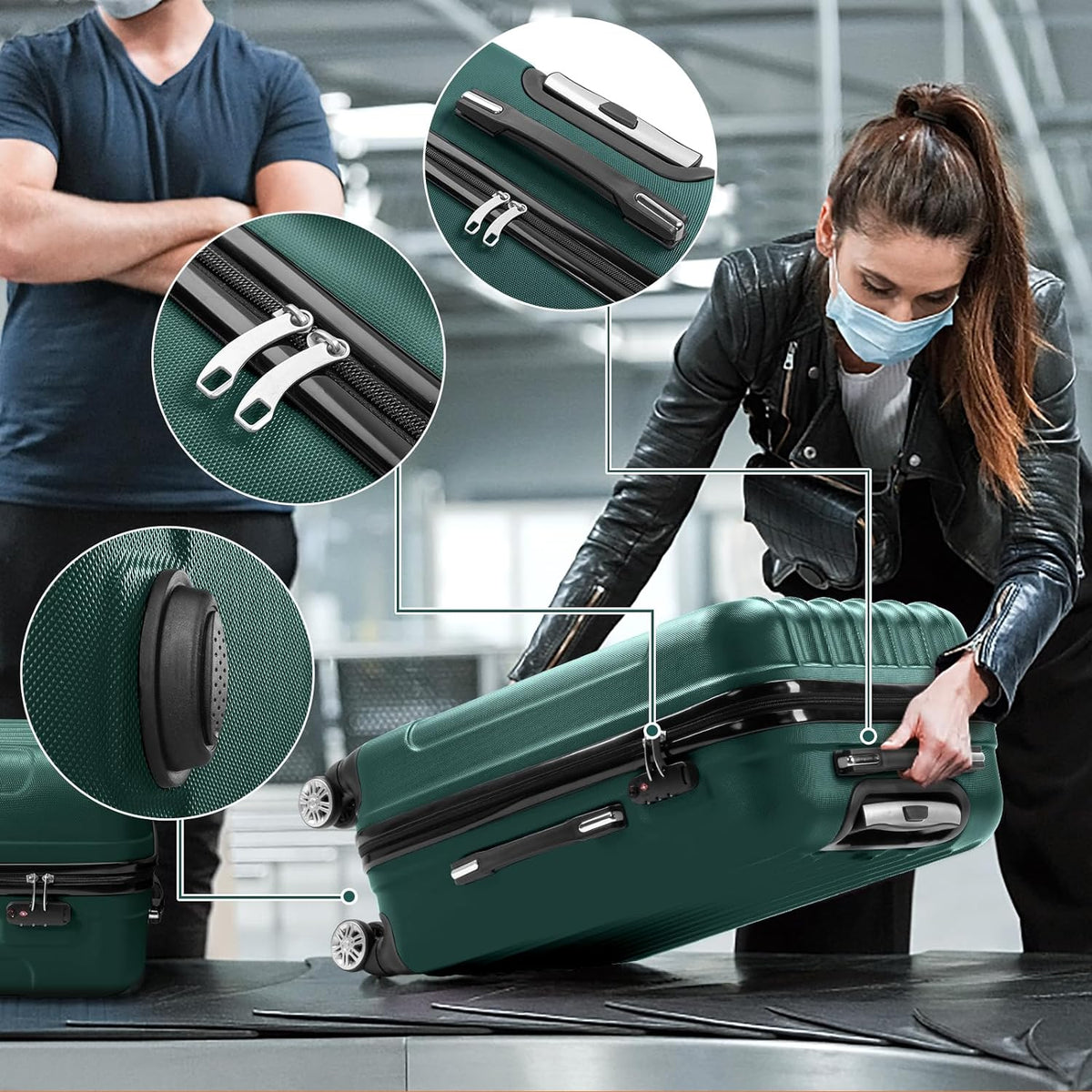 ABS Portable & Carry Spinner 3 with Travel Hardside on for Set Suitcase Lightweight Dark of Luggages Sets - lock, Green (20/24/28) Business Wheels Luggage TSA