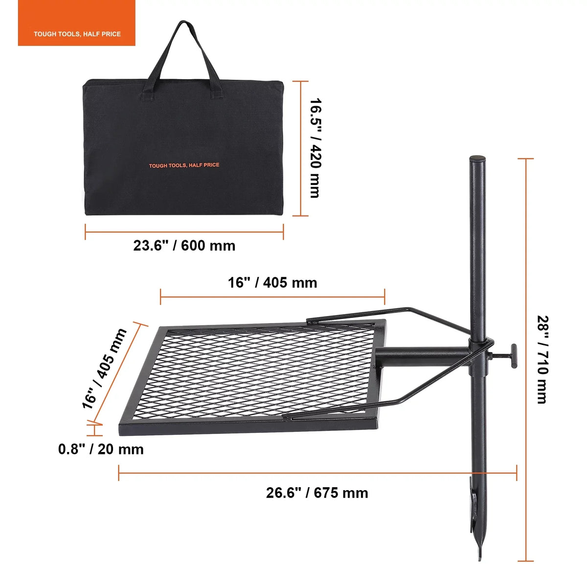 Heavy Steel Fire Cooking Duty x Open Adjustable Campfire 16" 16" Grate BENTISM Swivel Grill