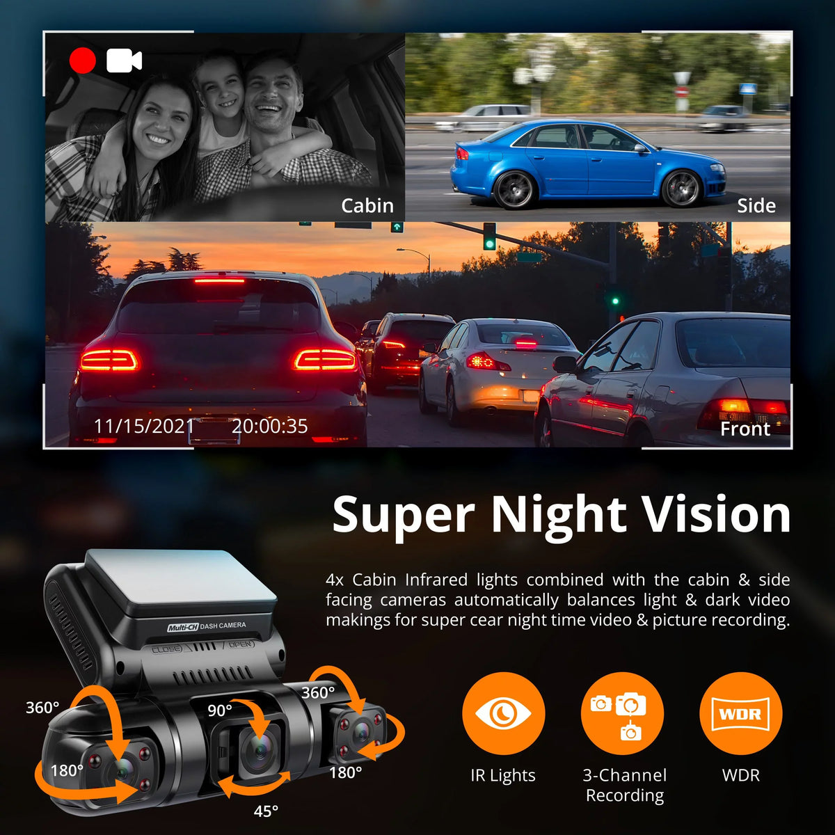 Cam S3 Rexing 1080P+1080p+1080p Cabin, Sides Front, 3-Channel Dash