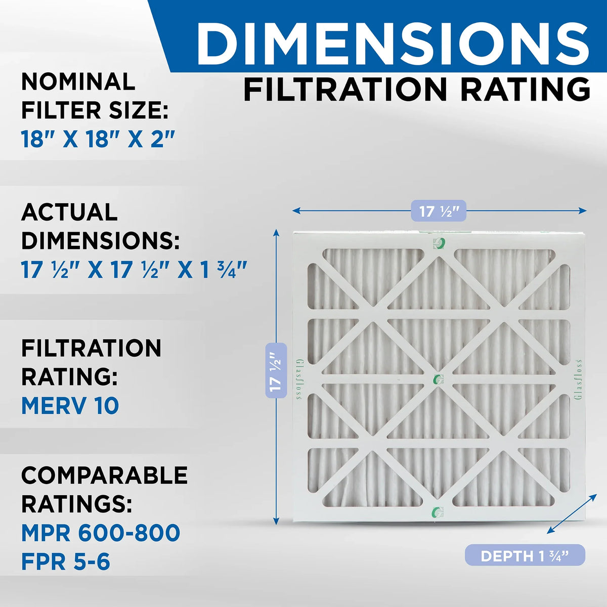 by 10 Glasfloss. MERV Filters Air Actual 1-3/4 18x18x2 17-1/2 of dimension: x Pack x Pleated 12 17-1/2 Inch 2"