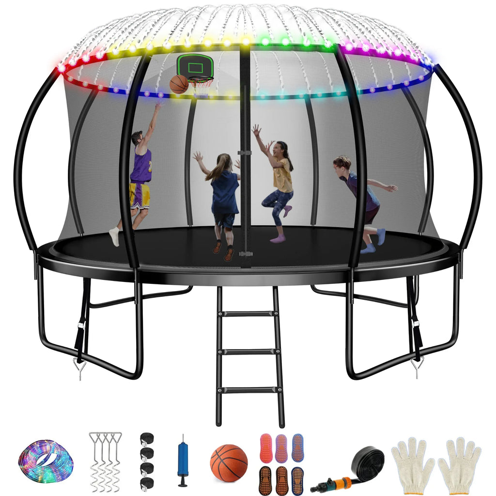 Kids,Pumpkin Trampoline Enclosure for Kids Trampoline exterior Recreational Hoop with with Capacity 12FT Basketball 4-6 990LBS Backyard Net,Sprinkler,Light,Socks,Ladder, Trampoline for FIZITI