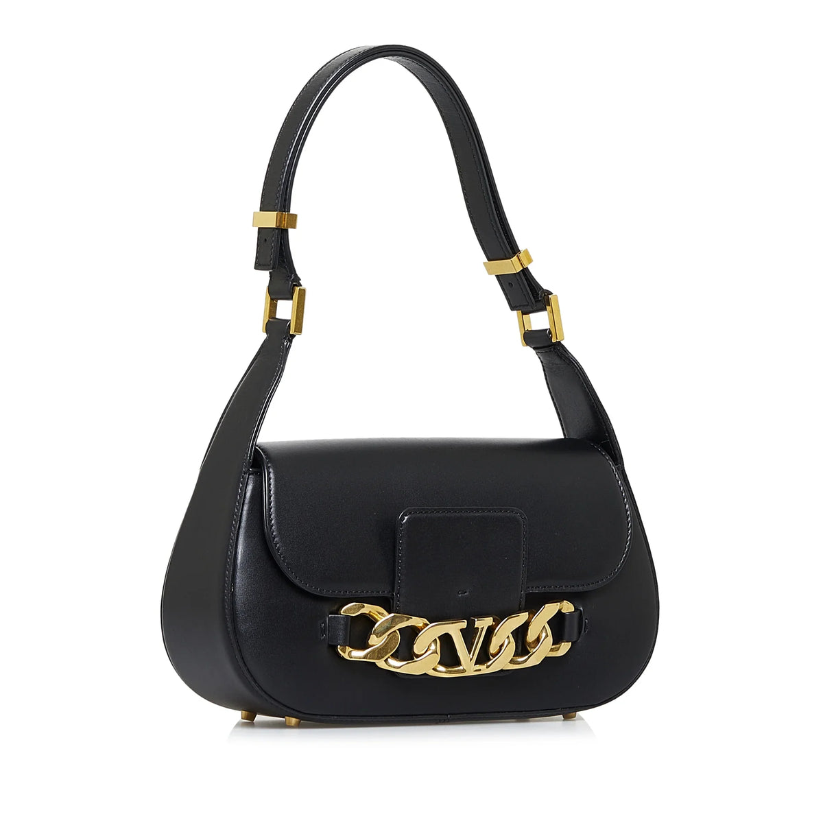 Leather Authenticated Bag Valentino (Good) Vlogo Chain Pre-Owned Black Unisex Shoulder Calf