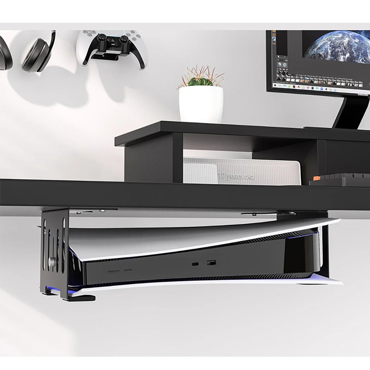 Liboer PS5 Space Desk Black Mounting, Metal Holder Save Console, fabric, Strong Under for