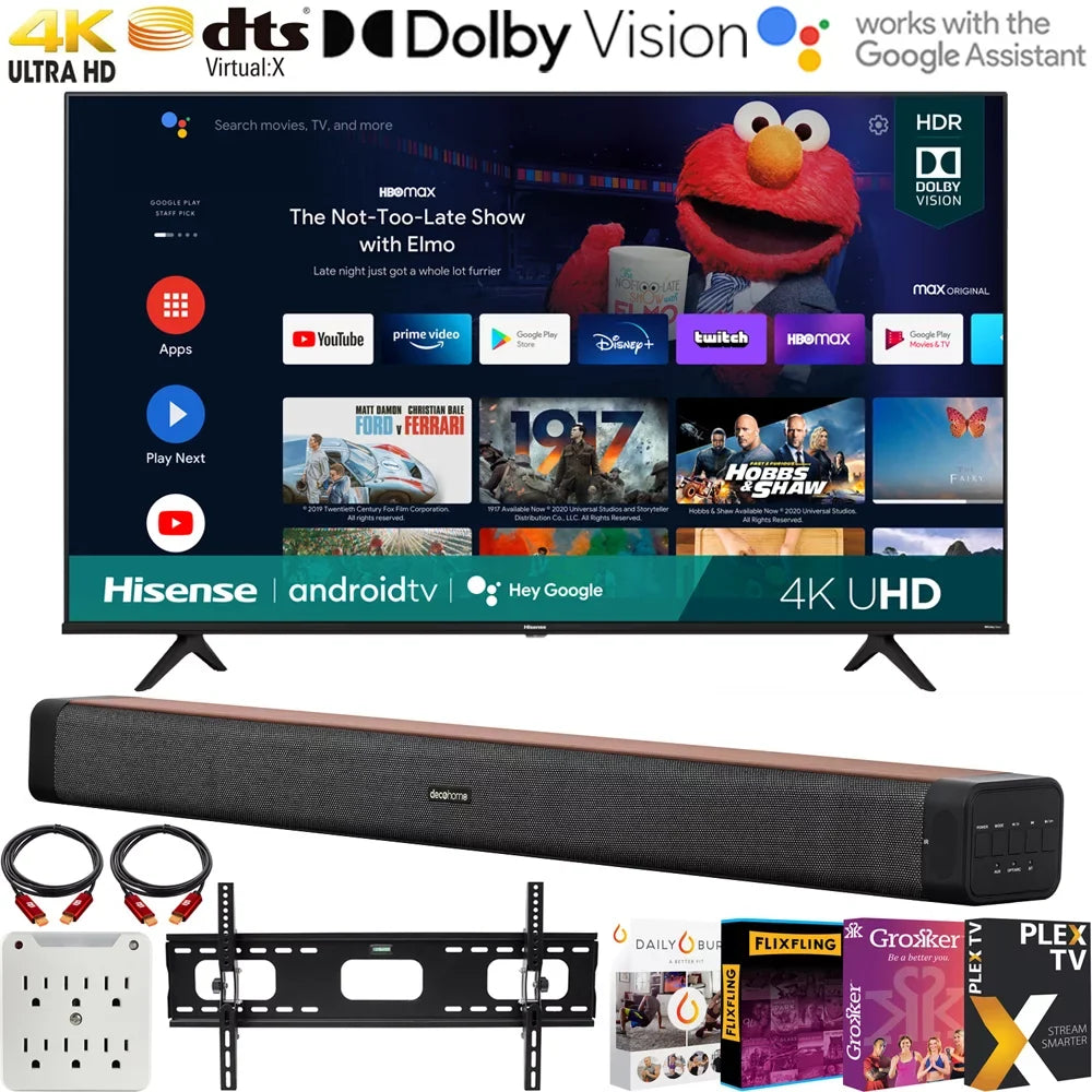 60W Surge Series Deco Movies Ch Wall + 37"-70" Bundle 65A6G 4K Inch (2021) with HDR Vision 65 TV with Dolby A6G + 6-Outlet Hisense UHD + TV 2.0 Mount Premiere Streaming Adapter Home Soundbar Smart