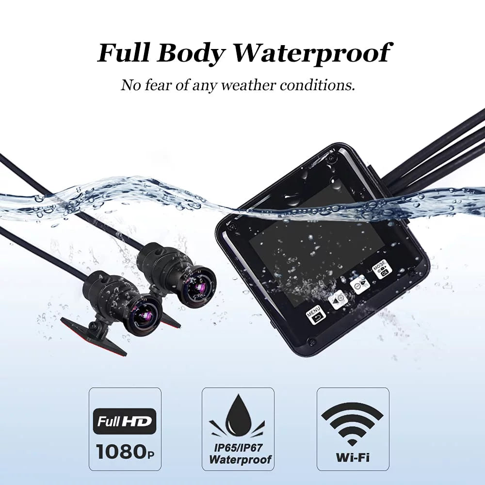 Waterproof Dash Full HD WDR, Rear 2 and Loop Camera, Vision, Night Screen Body VSYSTO Cam, 150° SonyIMX307 Fish Angle Front 1080P G-sensor Wide Inch Lens Eye Recording, Motorcycle
