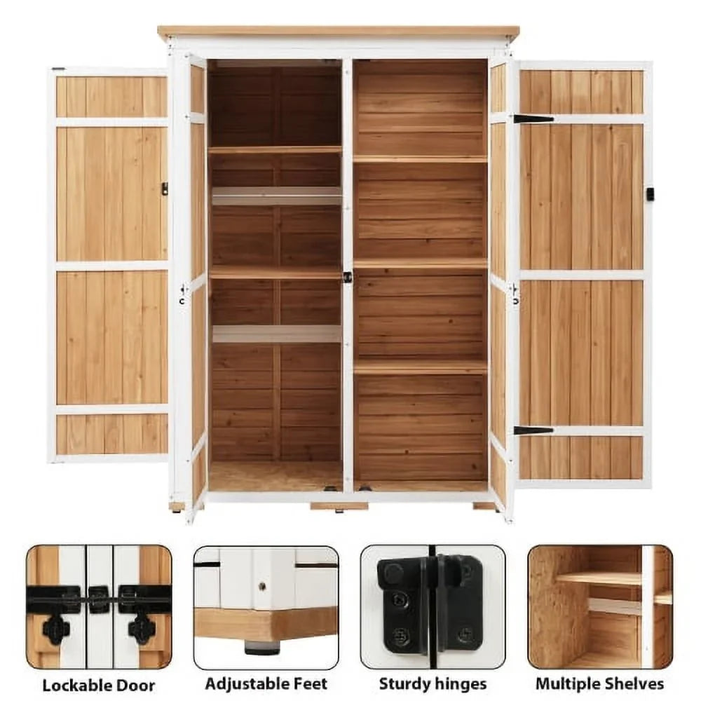 Wood Asphalt Shed, Shelves, Tool Lockable Cabinet Storage Roof, Four Hx4.1ft Doors, Multiple-tier exterior Waterproof with L Garden Natural 5.5ft