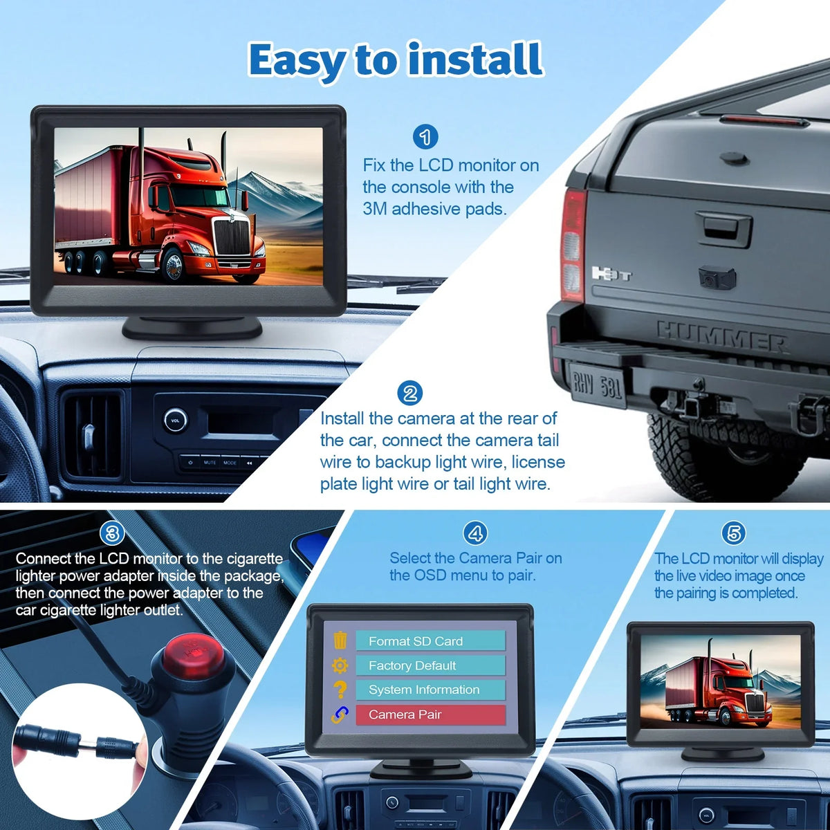 Recorder View Camera Rear Menu Trailer Camper Van Inch Camera OSD Kit Camera Truck with Car Video HD 5 Reverse Backup for Wireless DVR 720P LCD Monitor