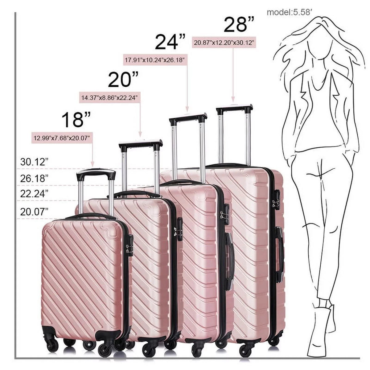 4 Luggage Luggage Piece gold rose Cover&Hanger Spinner Hardshell with On Suitcase,Carry Free Wheels Sets,Travel Inside