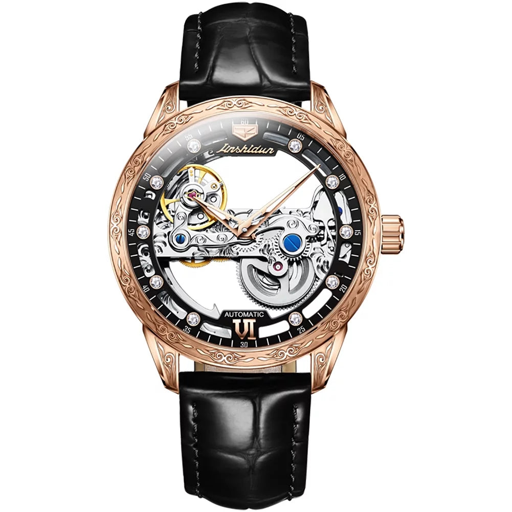 Watch Black Mechanical Luminous Men's Transparent Rose Automatic Skeleton