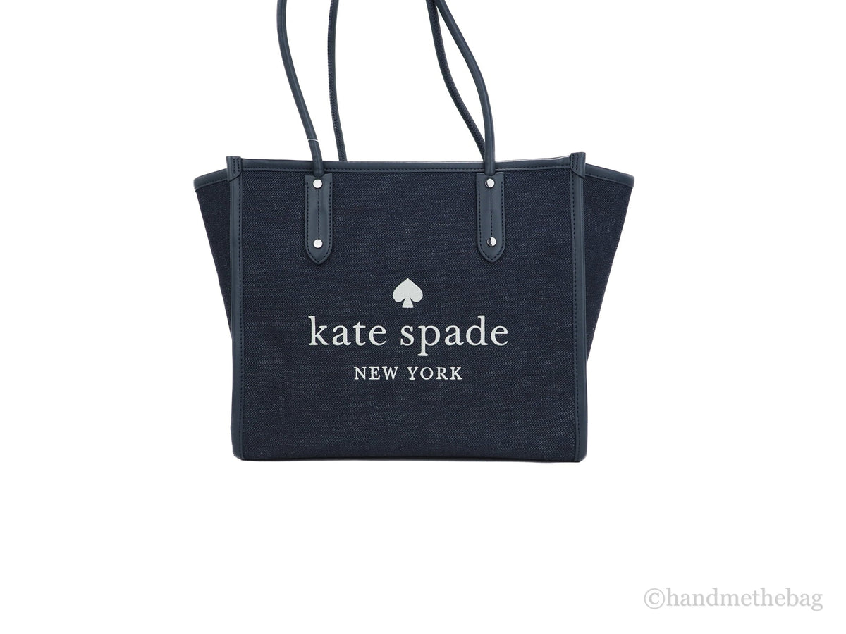 White Kate Ella Handbag Logo Multi Spade Large Fabric Blue Shoulder Tote Denim