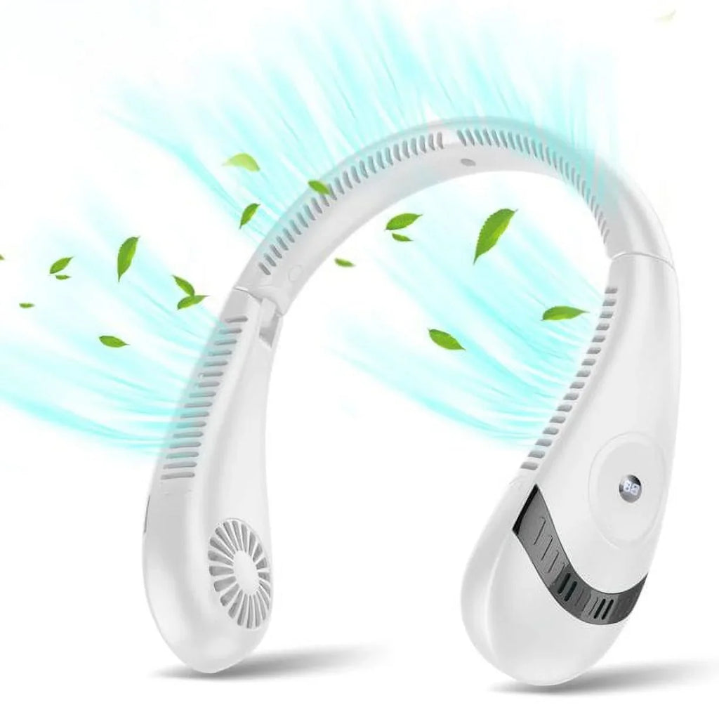 LCD White Summer Display, Neck Rechargeable Neck Folding Fanwtith Fans, Fan Bladeless USB 3 Speeds Cooling 5000mAh 360°Airflow Mini Portable