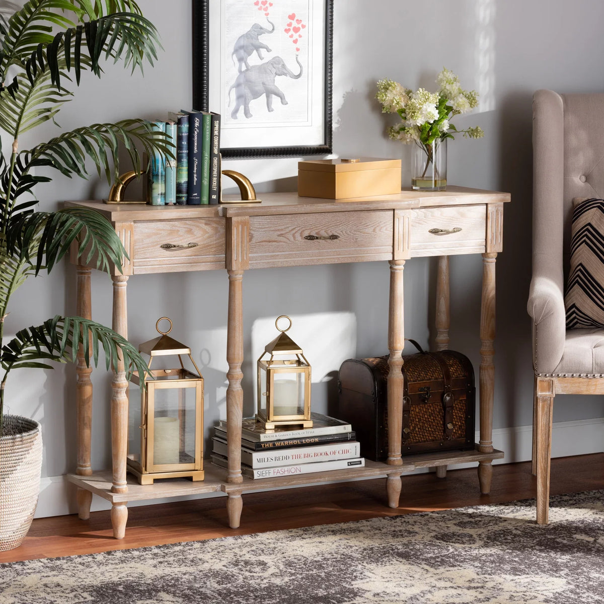French Table Wood Provincial Hallan Traditional Console Finished Oak and Baxton Whitewashed Studio 3-Drawer Classic Brown Rustic