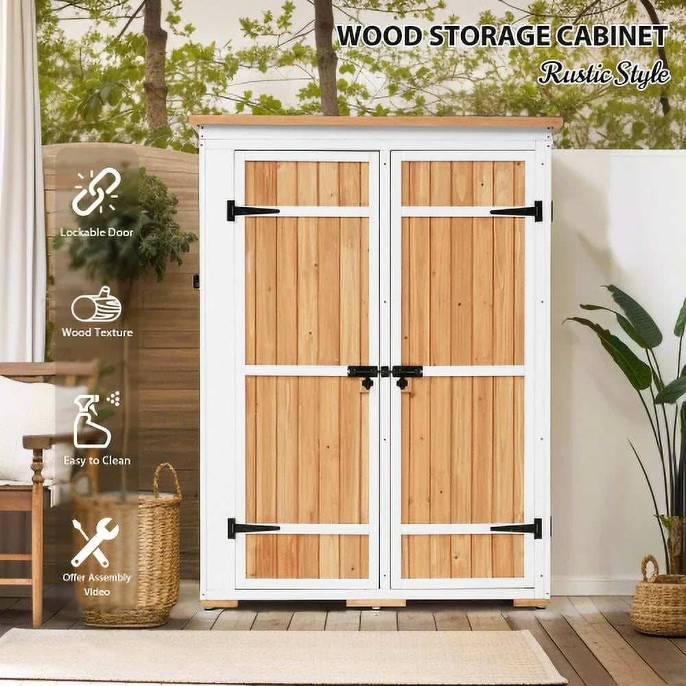 Wood Asphalt Shed, Shelves, Tool Lockable Cabinet Storage Roof, Four Hx4.1ft Doors, Multiple-tier exterior Waterproof with L Garden Natural 5.5ft