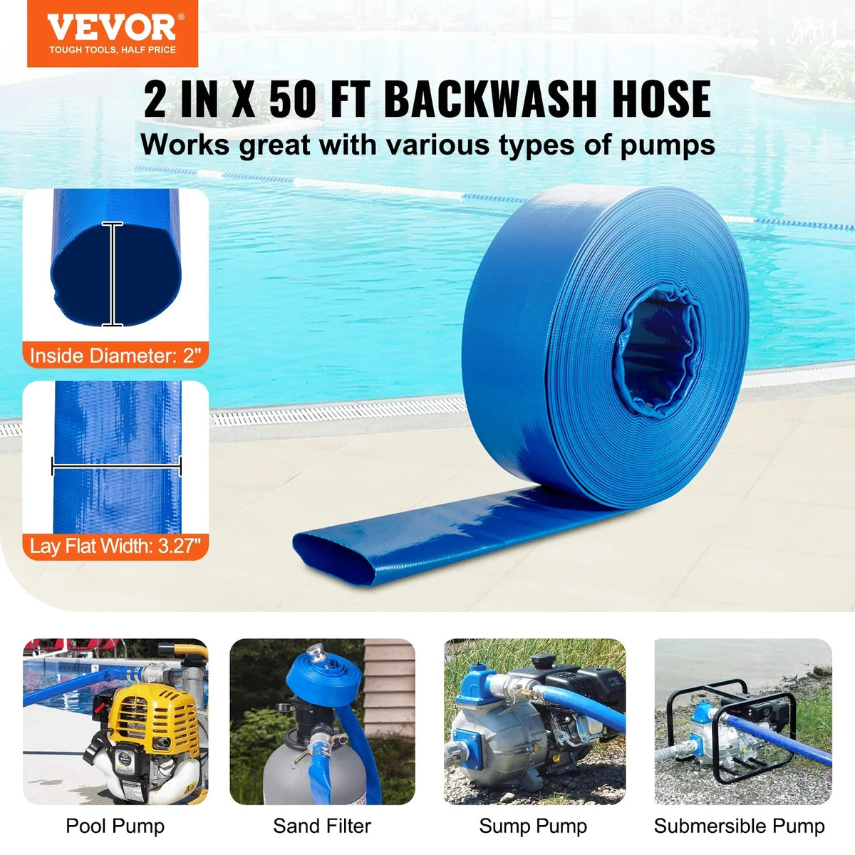 Disposal, x Filter 2'' Fittings Discharge for joints, liquid 50' Swimming Backwash Hose Aluminum C Camlock PVC with Great E Hose BENTISM Pool & with