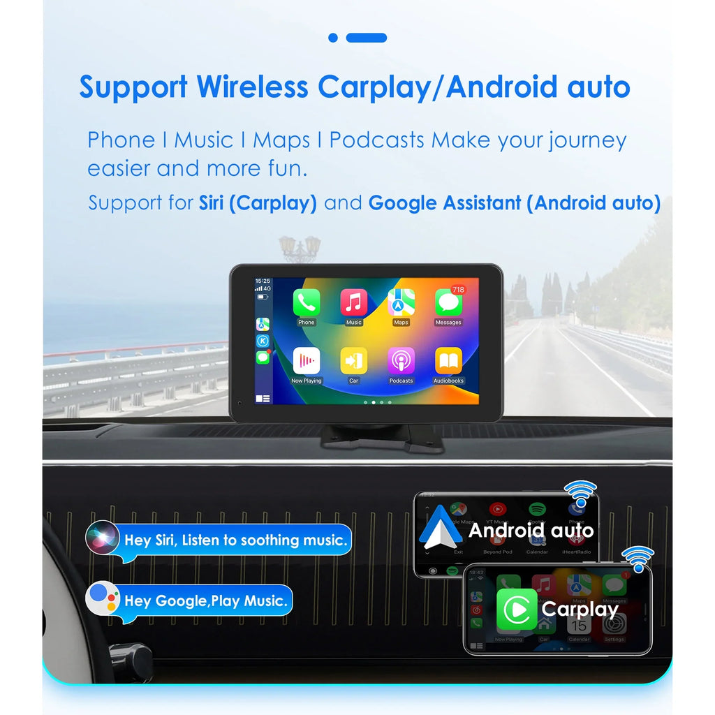 Link FM 7" Navigation Monitor 360° Unit Mirror GPS Carplay Radio Auto Car Player AUX Touchscreen Portable Stereo Android Head Adjustable
