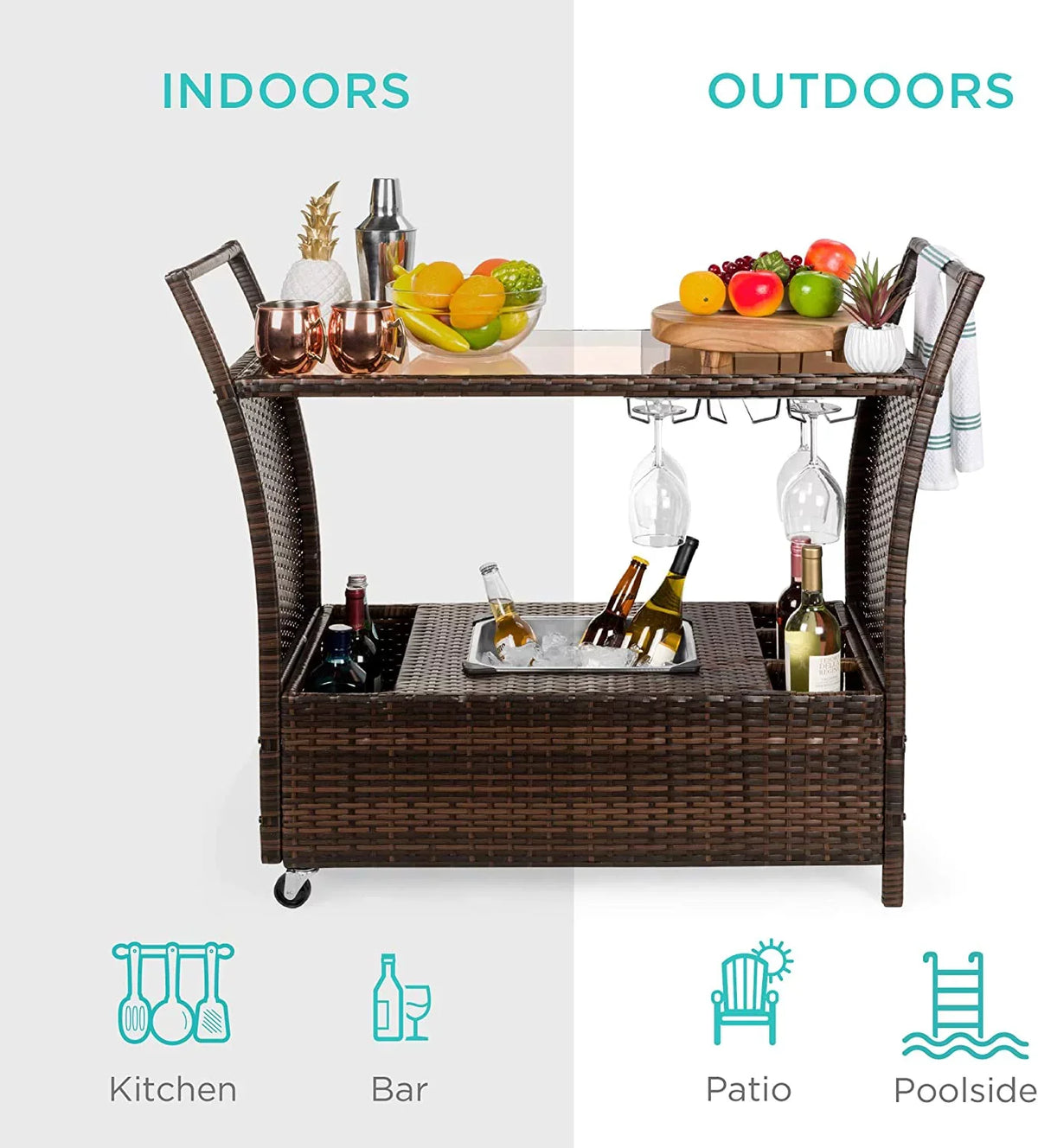 w/Removable Wicker Wine exterior Glass Compartments Glass Holders, Cart Bucket, Countertop, Ice Storage - Rolling Brown Bar