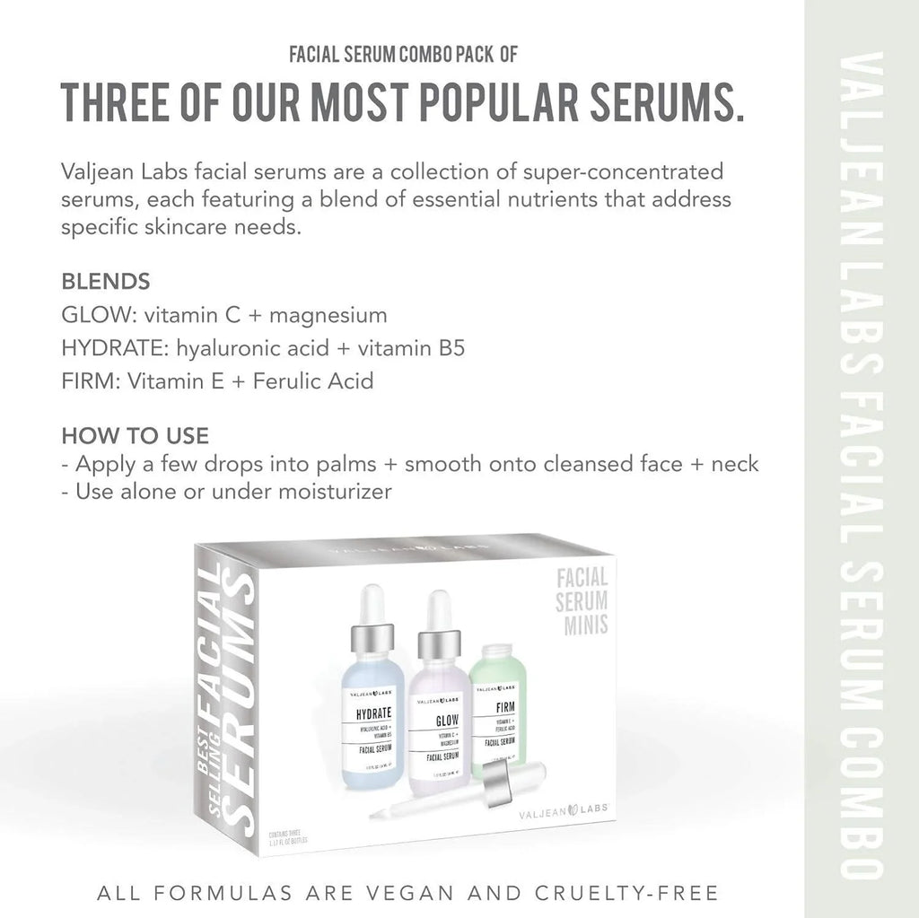 Serum, Firm - Glow, Free, and Free, Targeted Skincare Combo Facial Ingredients Cruelty Labs Paraben Supercharged, Hydrate, of Valjean Bottles - Pack 1oz