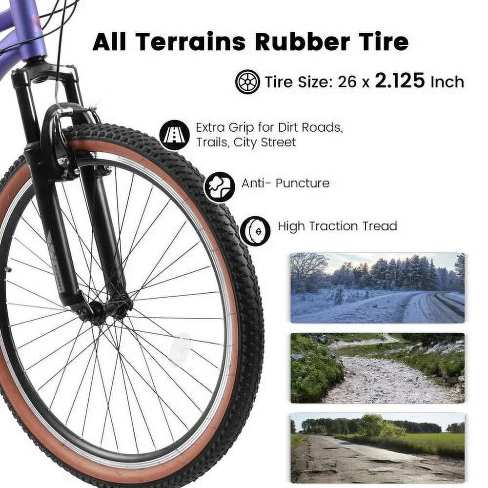 Mountain Womens Twist Steel Bicycles(Blue-Purple) 26 Mens 21-Speed Snow U-Brakes Youth Commuter Bike Trail Mountain Beach Frame Inch Teenagers Carbon Shifter, Wheel, City