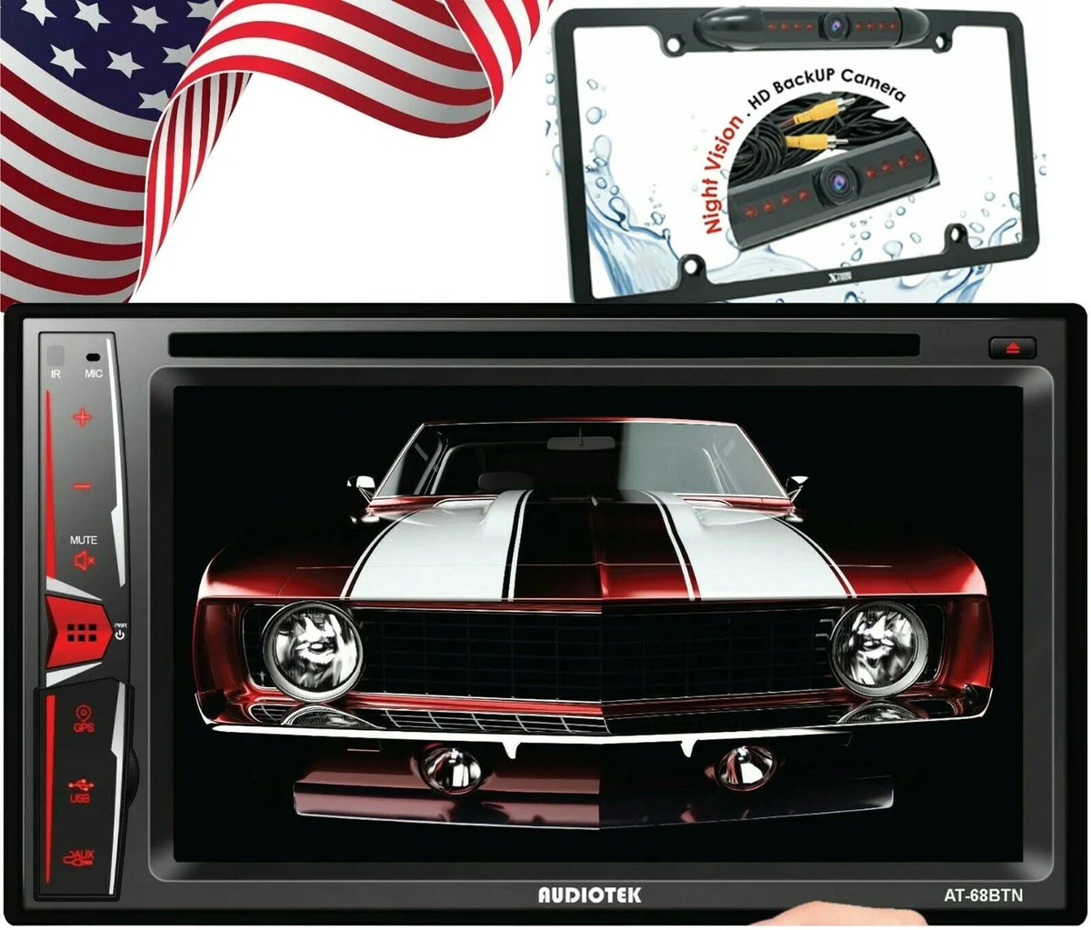 Link+ Touch AT-68BTN 6.2" Rear Plate Camera Radio License Mirror Screen Bundle Audiotek