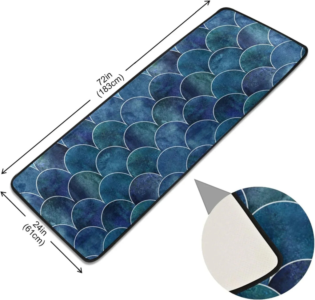 Indoor Long 2x6 Cushioned Japanese Mats Scale Fish Entryway Hallway 72x24 Floor inch Non-Skid Rugs Wave for Washable Runner Ocean and Kitchen Rugs