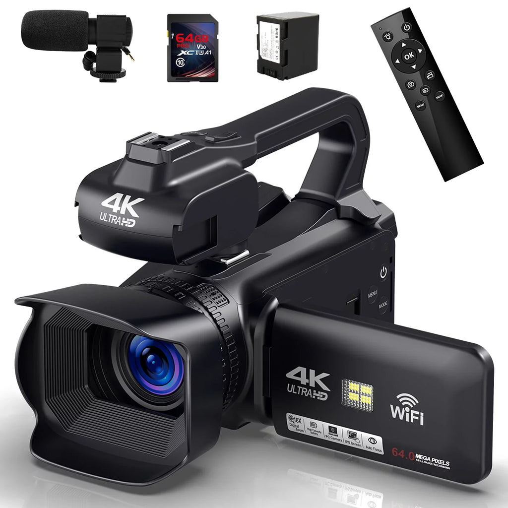 Camera Remote 4K MARVUE Control Camera Charger, 64G Video Microphone, Auto Touch Screen 4.0" 64MP 60FPS,HD Handhold Zoom Digital Card, Stabilizer, Camcorder SD 18X Vlogging with Focus