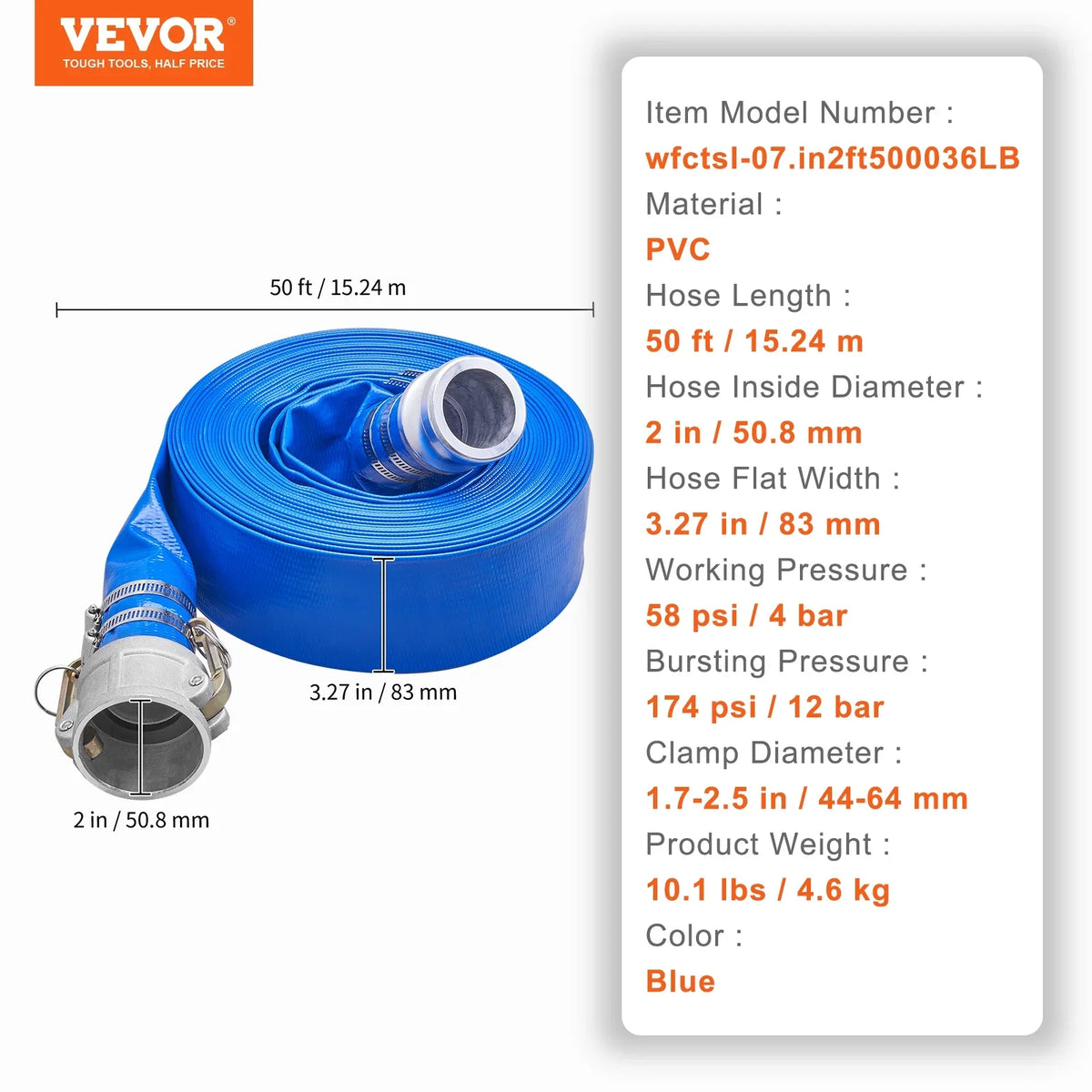 Disposal, x Filter 2'' Fittings Discharge for joints, liquid 50' Swimming Backwash Hose Aluminum C Camlock PVC with Great E Hose BENTISM Pool & with