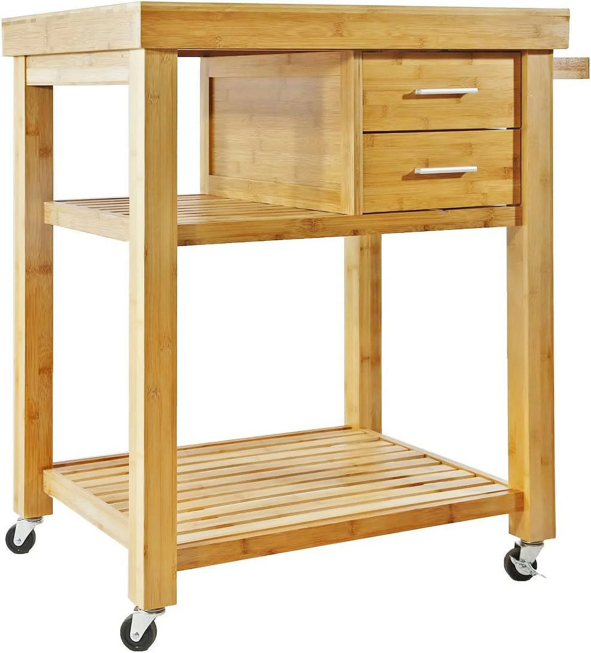 Cart Rolling Prepping Trolley Island With On Kitchen Rack, Butcher Block Food Casters, Wheels, Locking Towel Wood Cart Bamboo Drawers Shelves,
