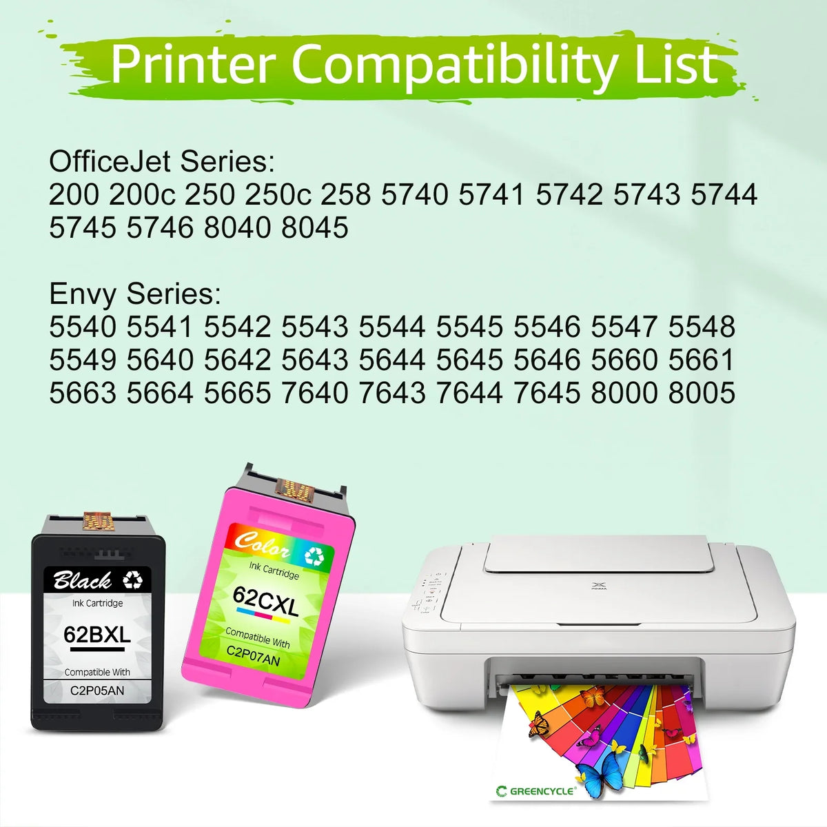 Replacement 250 GREENCYCLE Compatible Yield 200 Cartridges (3 for Ink XL Envy 5540 High HP 5660 7644 62 Tri-Color) 8040 7645 5740 62XL 5640 OfficeJet OfficeJet with