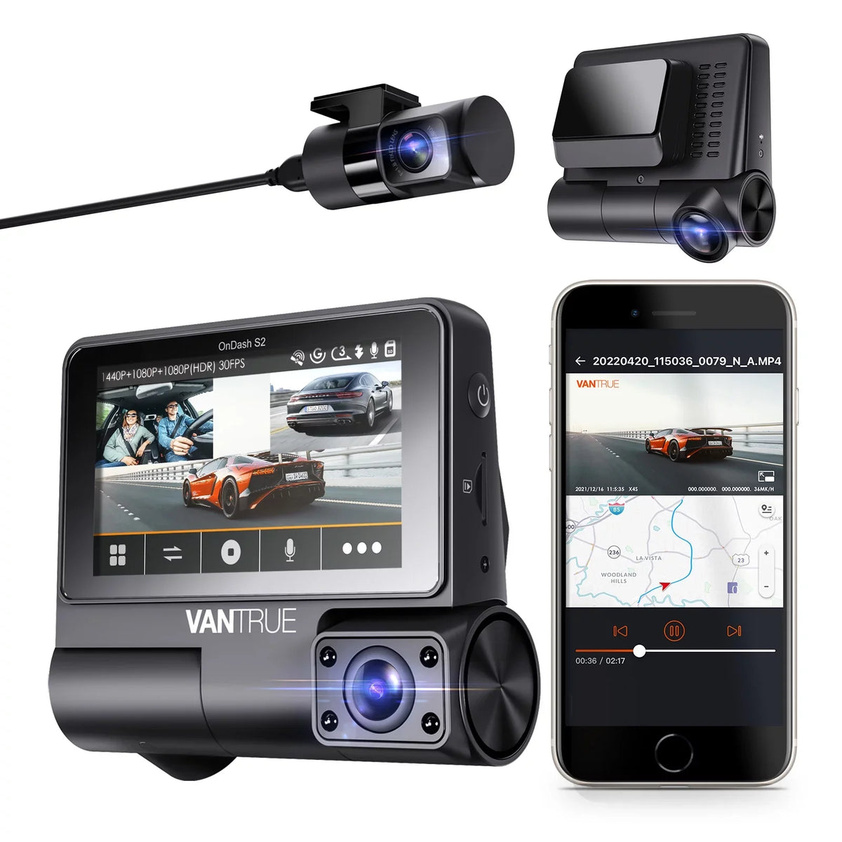 Nearly Interior Front+1080P IPS Dash 30FPS built 2K Angle, 24h Wide Rear Camera Monitor, Channel inch Touchable S2 Car 360° with WiFi in, Parking 3 Supercapacitor Screen 3 +1080P Cam, Vantrue GPS