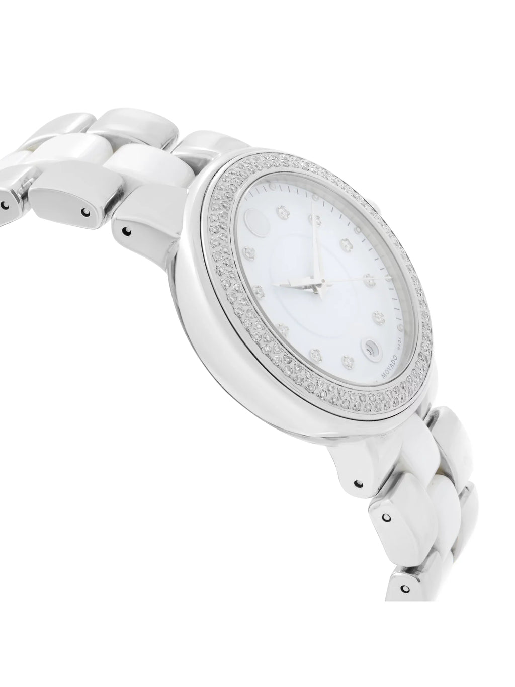 Diamond Watch Steel Ceramic Movado 0606625 Quartz White Bezel Ladies Cerena