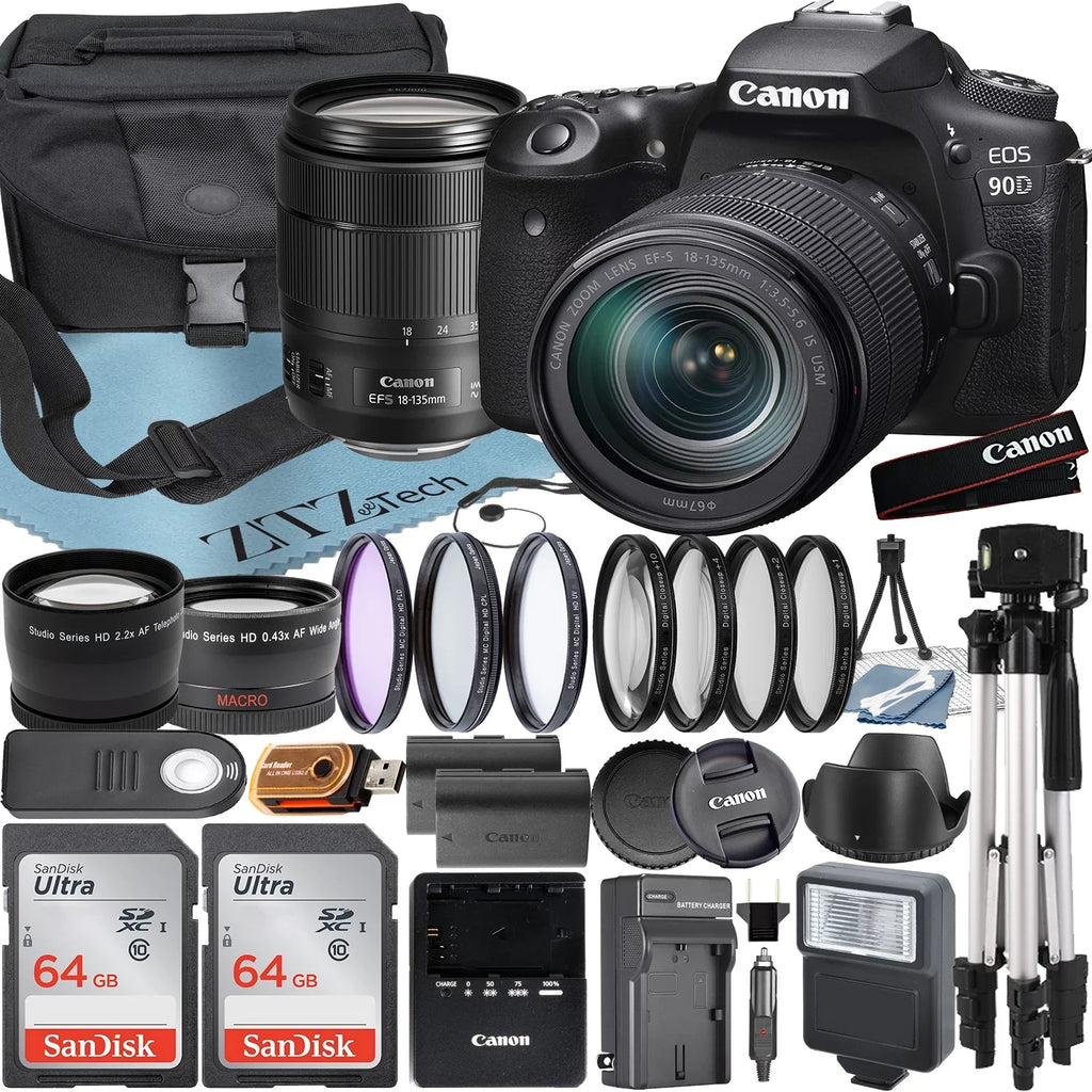 90D DSLR 64GB Bundle Pieces + 18-135mm with Card Tripod IS SanDisk Telephoto Case EOS 2 Canon ZeeTech Camera + Accessory USM + + Lens +