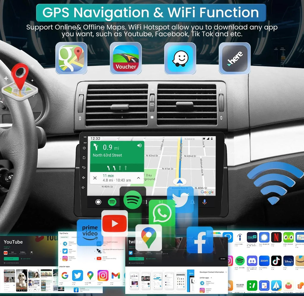Inch 1280*800 CarPlay Series 5G Auto GPS Bluetooth5.0 Radio 3 & HD Support 8 Car Touchscreen Stereo SWC Backup 9 AHD THONZER Core 11 FM 1999-2005, WiFi for Upgrade Android Camera(4G+32GB) Android