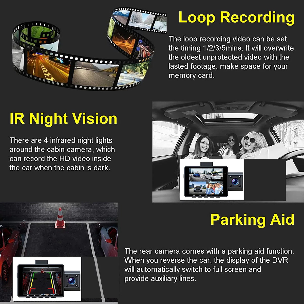 Car Dash and 3 Cam 170°Wide Channel 2K+1080P+1080P Angle, Dash Inside, Front with Rear Camera Night 4K+1080P Triple IR 4K Parking Inside, and Front Camera WDR, Vision, Monitor
