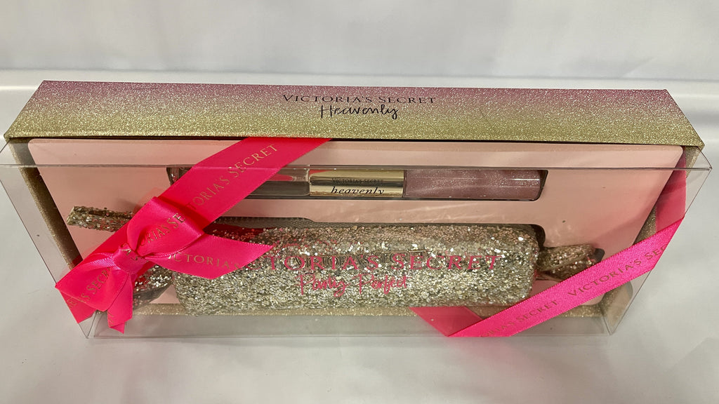 Victoria's Duo Perfume De Rollerball Party Sparkle Gold Heavenly Bag Set Glitter Bag Lip Parfum Eau Gloss & Secret