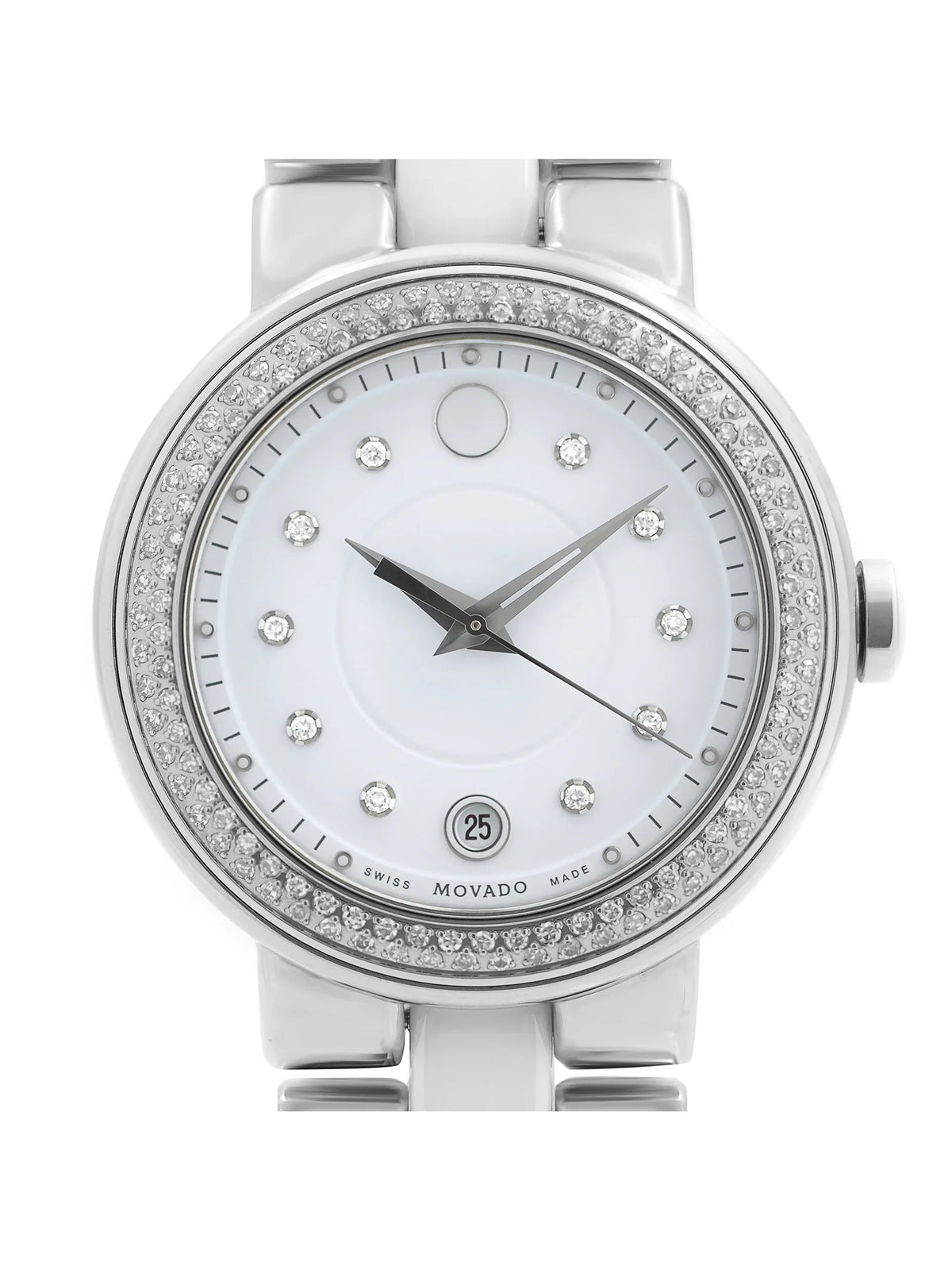 Diamond Watch Steel Ceramic Movado 0606625 Quartz White Bezel Ladies Cerena