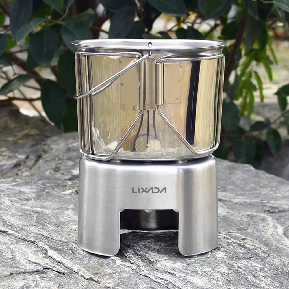 Set Reliable Hiking Picnic Survival Camping Practical Cookware Cooking and Backpacking with for Pot Hanging - Stainless Stove Canteen Equipment Cup Steel Lixada Wood