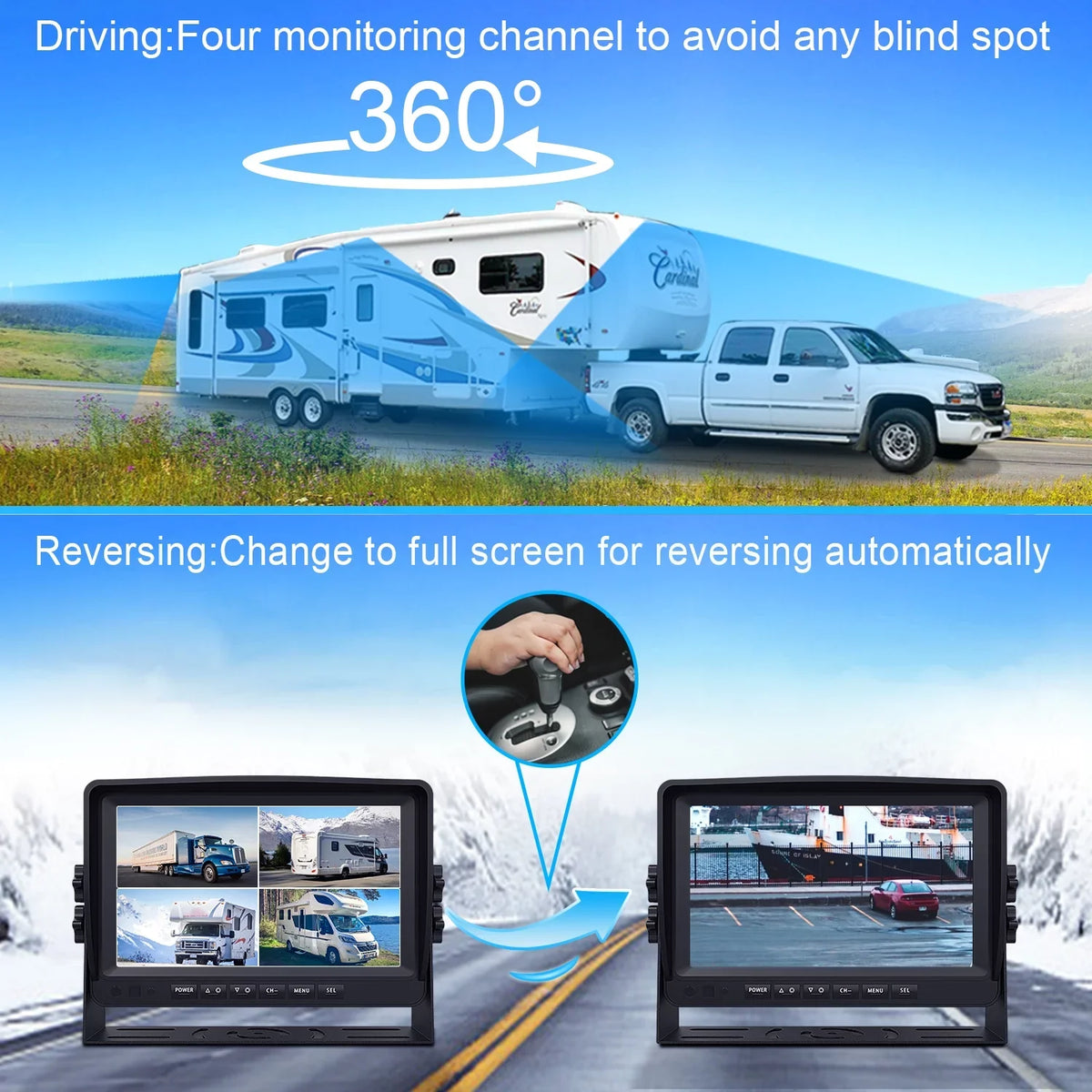 Backup Monitor, for RV Camera Box Camera eRapta Large Record 9’’ camera Quad and Backup Truck IP69 Side 4 Car Waterproof HD with System RV A9 Rear Trailer Advanced DVR Split Function Screens View