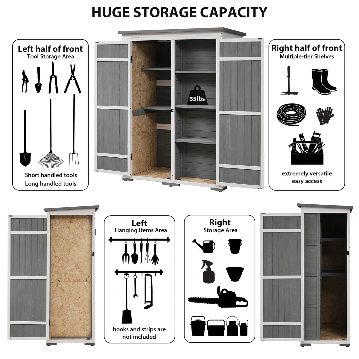 Waterproof Storage Lockable Homiyad Hx4.1ft L and Cabinet with Asphalt Tool Multiple-Tier exterior Shelves, Gray Shed, Doors, Garden Roof, Wood Four White 5.5ft